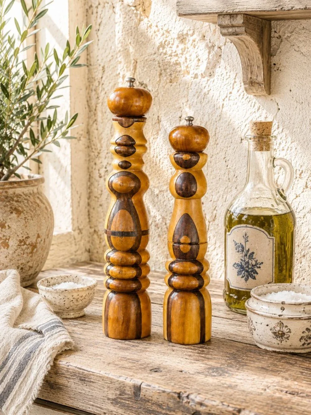 Rare Vintage Signed Sculptural Handcrafted Artisan Wood Salt & Pepper Mill Set